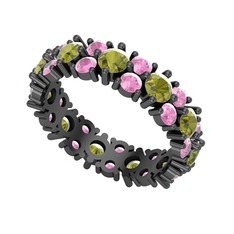 Peridot ve pembe kuvars 925 ayar siyah rodyum kaplama gümüş yüzük