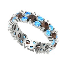 Dumanlı kuvars ve akuamarin 14 ayar beyaz altın yüzük