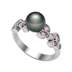 Yaprak İnci Yüzük - Siyah inci ve pembe kuvars 18 ayar beyaz altın yüzük #14fq4zx