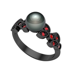 Yaprak İnci Yüzük - Siyah inci ve garnet 925 ayar siyah rodyum kaplama gümüş yüzük #16w3qgs