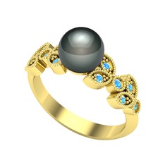 Yaprak İnci Yüzük - Siyah inci ve akuamarin 925 ayar altın kaplama gümüş yüzük #17zeqrg
