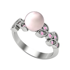 Yaprak İnci Yüzük - Pembe inci ve pembe kuvars 8 ayar beyaz altın yüzük #1g8r9ca