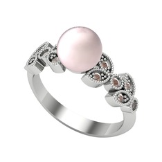 Yaprak İnci Yüzük - Pembe inci ve dumanlı kuvars 14 ayar beyaz altın yüzük #1nx4bkk