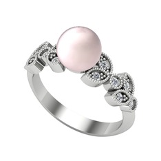 Yaprak İnci Yüzük - Pembe inci ve swarovski 8 ayar beyaz altın yüzük #1ouafx8