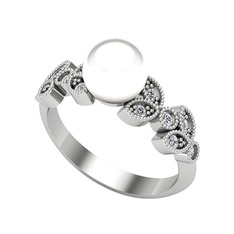 Yaprak İnci Yüzük - Inci ve swarovski 8 ayar beyaz altın yüzük #1pva0cy