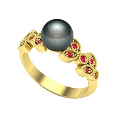 Yaprak İnci Yüzük - Siyah inci ve kök yakut 18 ayar altın yüzük #1wqz5eq