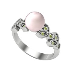 Yaprak İnci Yüzük - Pembe inci ve peridot 18 ayar beyaz altın yüzük #3279ai