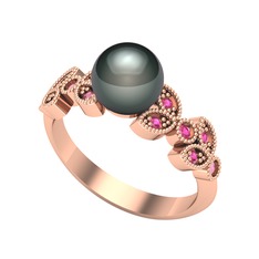 Siyah inci ve rodolit garnet 8 ayar rose altın yüzük