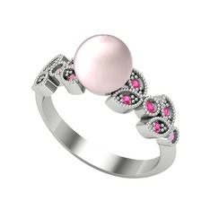 Yaprak İnci Yüzük - Pembe inci ve rodolit garnet 14 ayar beyaz altın yüzük #c7av14