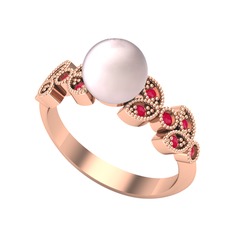 Yaprak İnci Yüzük - Pembe inci ve kök yakut 8 ayar rose altın yüzük #h2rhlu