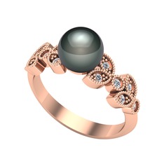 Yaprak İnci Yüzük - Siyah inci ve swarovski 8 ayar rose altın yüzük #km57yo