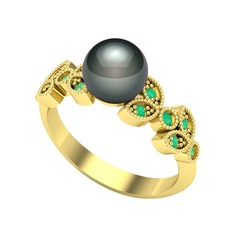 Yaprak İnci Yüzük - Siyah inci ve kök zümrüt 18 ayar altın yüzük #lpi956