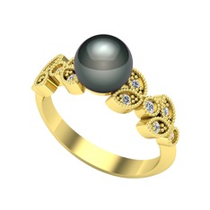 Yaprak İnci Yüzük - Siyah inci ve beyaz zirkon 8 ayar altın yüzük #o5syhn