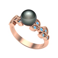 Yaprak İnci Yüzük - Siyah inci ve akuamarin 14 ayar rose altın yüzük #pfgkk3