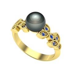 Yaprak İnci Yüzük - Siyah inci ve lab safir 18 ayar altın yüzük #qffooj