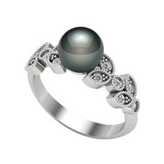 Siyah inci ve swarovski 14 ayar beyaz altın yüzük