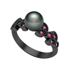 Yaprak İnci Yüzük - Siyah inci ve rodolit garnet 925 ayar siyah rodyum kaplama gümüş yüzük #vd23t5