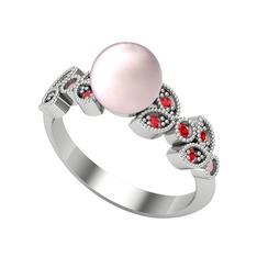 Yaprak İnci Yüzük - Pembe inci ve garnet 8 ayar beyaz altın yüzük #wihcp9