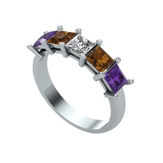 Edda 5 Taşlı Yüzük - Swarovski, dumanlı kuvars ve ametist 14 ayar beyaz altın yüzük #100mavv