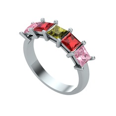 Peridot, garnet ve pembe kuvars 18 ayar beyaz altın yüzük