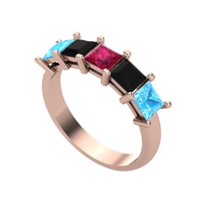 Rodolit garnet, siyah zirkon ve akuamarin 14 ayar rose altın yüzük
