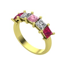 Edda 5 Taşlı Yüzük - Pembe kuvars, swarovski ve rodolit garnet 14 ayar altın yüzük #10jw12k