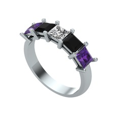 Edda 5 Taşlı Yüzük - Swarovski, siyah zirkon ve ametist 925 ayar gümüş yüzük #10knkuq