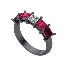 Edda 5 Taşlı Yüzük - Beyaz zirkon, rodolit garnet ve kök yakut 925 ayar siyah rodyum kaplama gümüş yüzük #10pj0jj