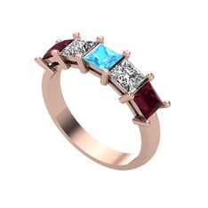 Akuamarin, swarovski ve kök yakut 14 ayar rose altın yüzük