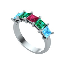 Edda 5 Taşlı Yüzük - Rodolit garnet, yeşil kuvars ve akuamarin 14 ayar beyaz altın yüzük #1116pvi