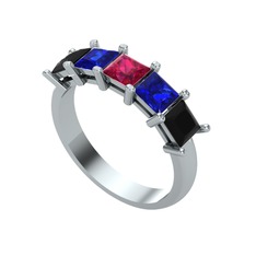 Rodolit garnet, lab safir ve siyah zirkon 14 ayar beyaz altın yüzük