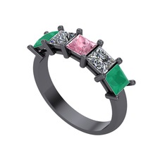 Edda 5 Taşlı Yüzük - Pembe kuvars, pırlanta ve kök zümrüt 925 ayar siyah rodyum kaplama gümüş yüzük (0.78 karat) #1174xzn