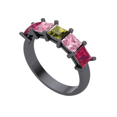 Edda 5 Taşlı Yüzük - Peridot, pembe kuvars ve rodolit garnet 925 ayar siyah rodyum kaplama gümüş yüzük #11mdn0q