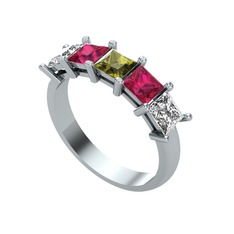 Edda 5 Taşlı Yüzük - Peridot, rodolit garnet ve swarovski 8 ayar beyaz altın yüzük #11wdysw