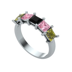 Siyah zirkon, pembe kuvars ve peridot 925 ayar gümüş yüzük