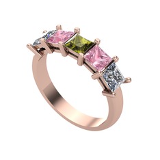 Edda 5 Taşlı Yüzük - Peridot, pembe kuvars ve pırlanta 925 ayar rose altın kaplama gümüş yüzük (0.78 karat) #12mbq60