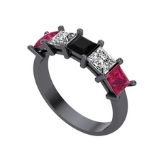 Edda 5 Taşlı Yüzük - Siyah zirkon, swarovski ve rodolit garnet 925 ayar siyah rodyum kaplama gümüş yüzük #12outh8