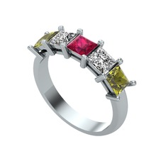 Edda 5 Taşlı Yüzük - Rodolit garnet, beyaz zirkon ve peridot 18 ayar beyaz altın yüzük #12ur9sh
