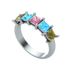 Edda 5 Taşlı Yüzük - Pembe kuvars, akuamarin ve peridot 18 ayar beyaz altın yüzük #1403bbg