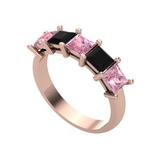 Edda 5 Taşlı Yüzük - Pembe kuvars ve siyah zirkon 8 ayar rose altın yüzük #1407uqo