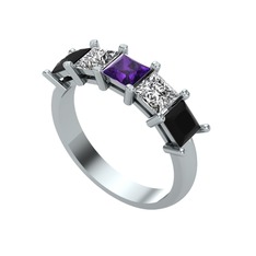 Ametist, swarovski ve siyah zirkon 8 ayar beyaz altın yüzük