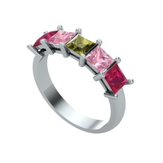 Edda 5 Taşlı Yüzük - Peridot, pembe kuvars ve rodolit garnet 8 ayar beyaz altın yüzük #141sh4p