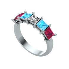 Edda 5 Taşlı Yüzük - Swarovski, akuamarin ve rodolit garnet 18 ayar beyaz altın yüzük #14g9kc0