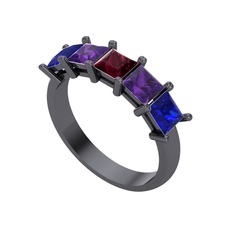 Edda 5 Taşlı Yüzük - Kök yakut, ametist ve lab safir 925 ayar siyah rodyum kaplama gümüş yüzük #14m47fz