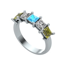 Akuamarin, swarovski ve peridot 14 ayar beyaz altın yüzük