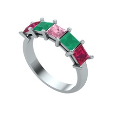 Edda 5 Taşlı Yüzük - Pembe kuvars, kök zümrüt ve rodolit garnet 8 ayar beyaz altın yüzük #164ycjk