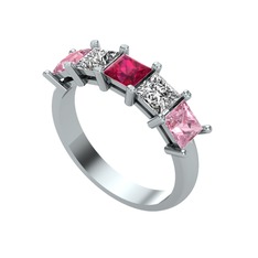 Rodolit garnet, swarovski ve pembe kuvars 18 ayar beyaz altın yüzük