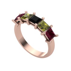 Edda 5 Taşlı Yüzük - Siyah zirkon, peridot ve kök yakut 14 ayar rose altın yüzük #16yut2g