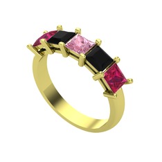 Pembe kuvars, siyah zirkon ve rodolit garnet 8 ayar altın yüzük