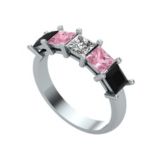 Beyaz zirkon, pembe kuvars ve siyah zirkon 8 ayar beyaz altın yüzük